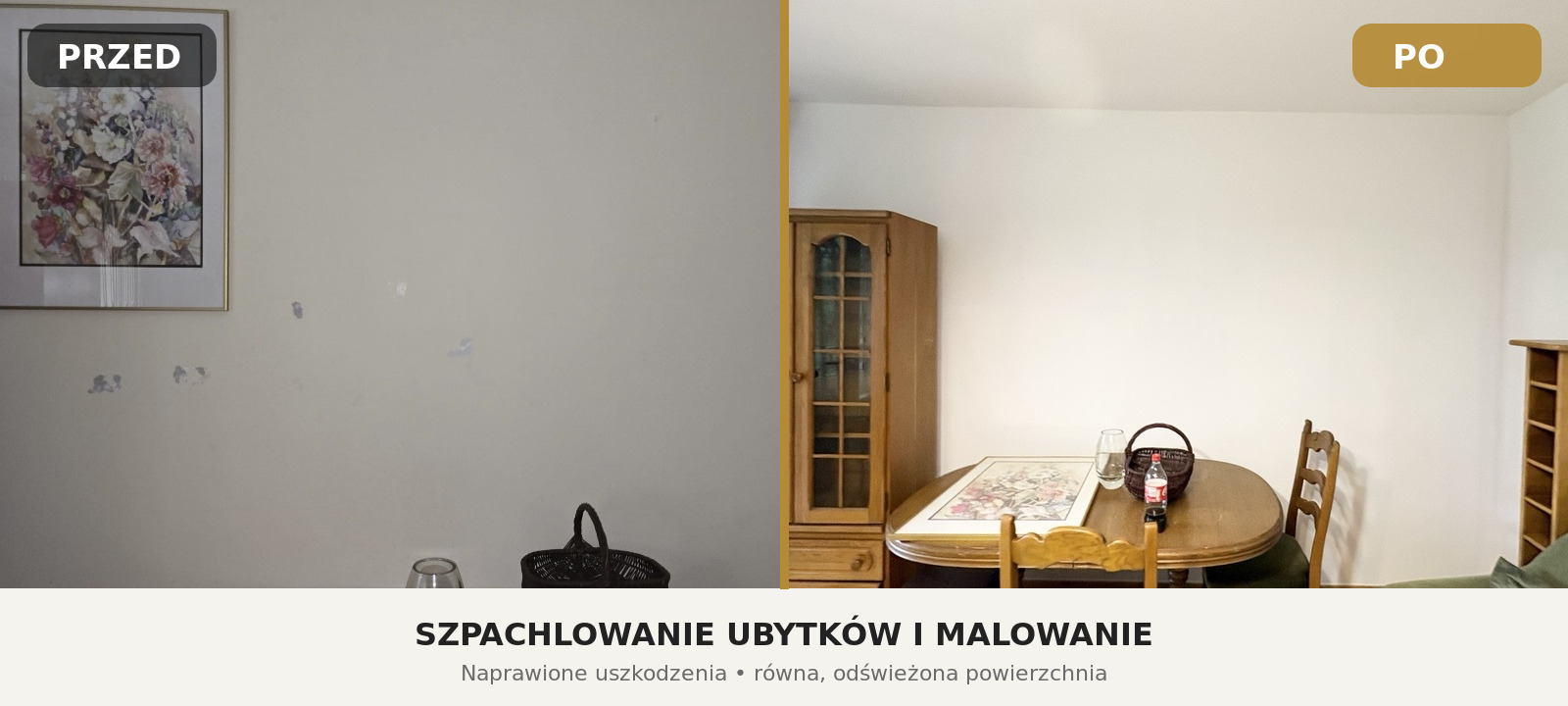 Uszkodzenia ściany przed naprawą oraz ściana po szpachlowaniu i malowaniu