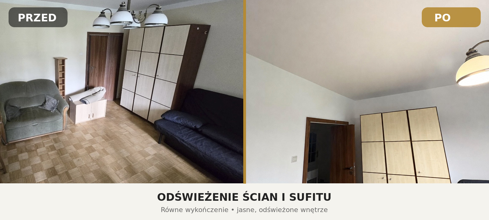 Duży pokój przed i po odświeżeniu ścian oraz sufitu