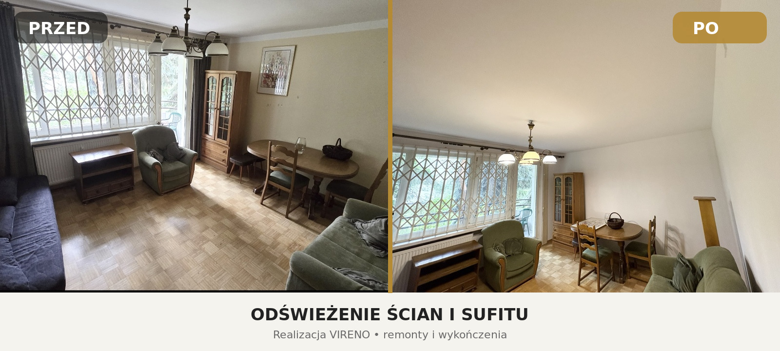 Salon przed i po malowaniu ścian i sufitu